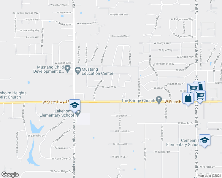 map of restaurants, bars, coffee shops, grocery stores, and more near 1426 West Onyx Way in Mustang