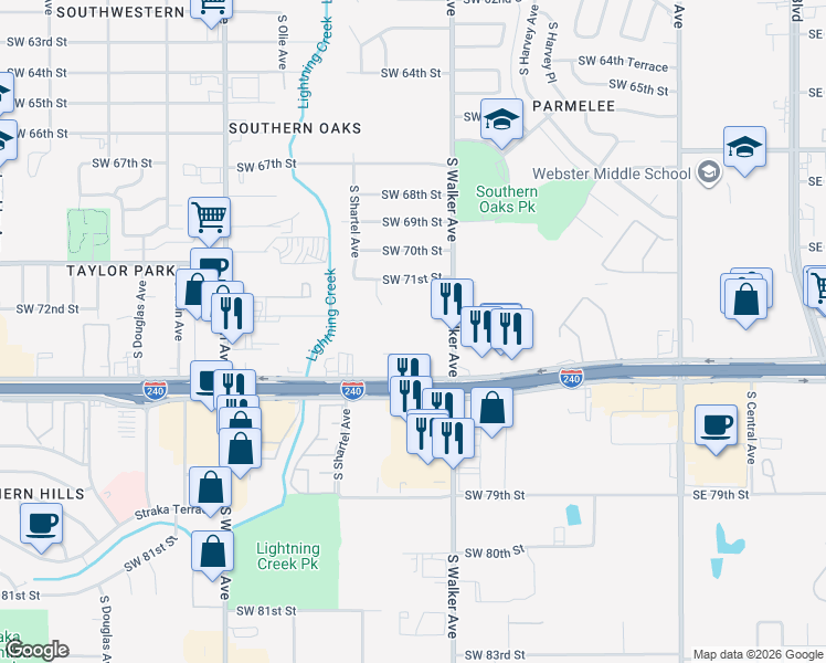 map of restaurants, bars, coffee shops, grocery stores, and more near 515 West Interstate 240 Service Road in Oklahoma City