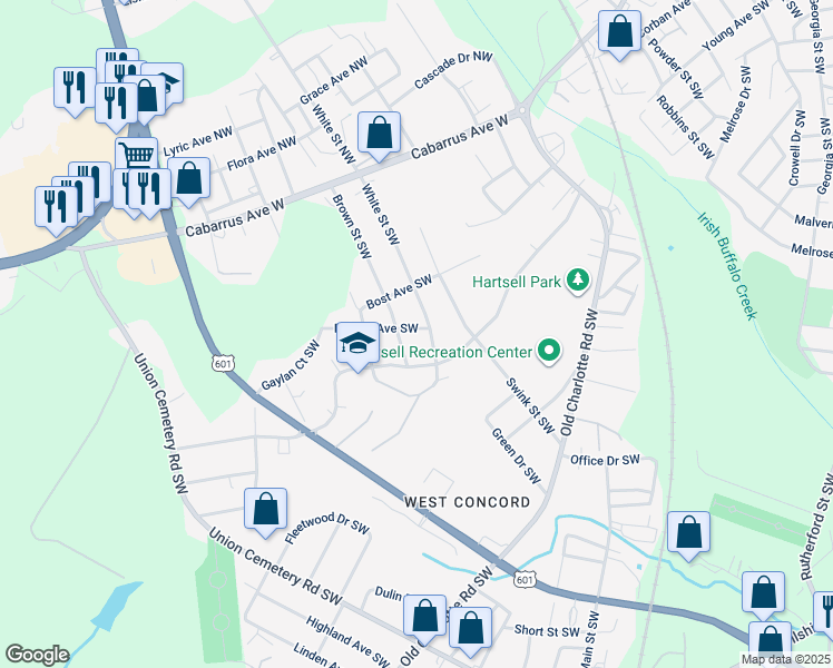 map of restaurants, bars, coffee shops, grocery stores, and more near 613 Palmer Avenue Southwest in Concord