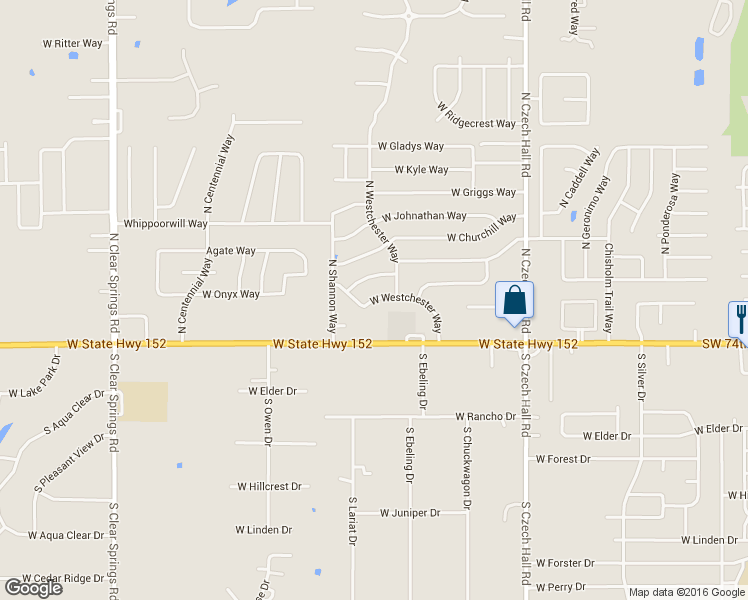 map of restaurants, bars, coffee shops, grocery stores, and more near 1218 W Westchester Way in Mustang