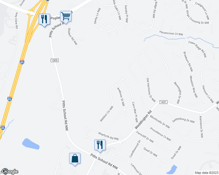 map of restaurants, bars, coffee shops, grocery stores, and more near 6629 Weldon Circle Northwest in Concord