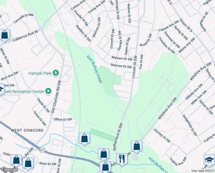 map of restaurants, bars, coffee shops, grocery stores, and more near 360 Parkview Avenue Southwest in Concord