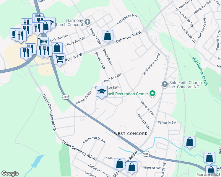 map of restaurants, bars, coffee shops, grocery stores, and more near 115 Brown Street Southwest in Concord