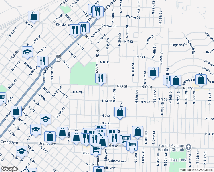 map of restaurants, bars, coffee shops, grocery stores, and more near 1909 May Avenue in Fort Smith