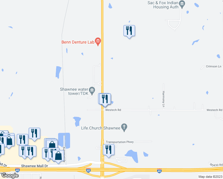 map of restaurants, bars, coffee shops, grocery stores, and more near 5829 North Harrison Street in Shawnee
