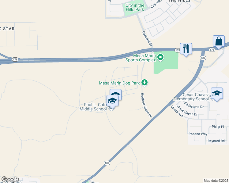 map of restaurants, bars, coffee shops, grocery stores, and more near Turning Leaf Lane in Bakersfield