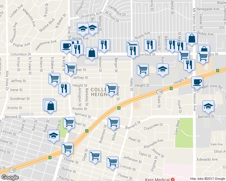 map of restaurants, bars, coffee shops, grocery stores, and more near 2512 Berger Street in Bakersfield