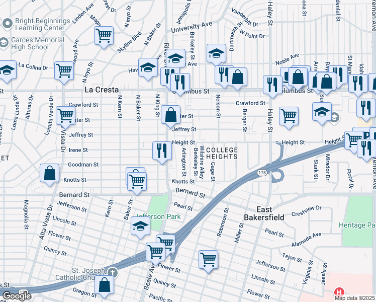 map of restaurants, bars, coffee shops, grocery stores, and more near 926 Height Street in Bakersfield