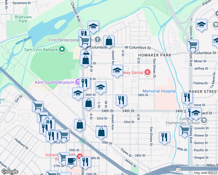 map of restaurants, bars, coffee shops, grocery stores, and more near 3717 Jewett Avenue in Bakersfield