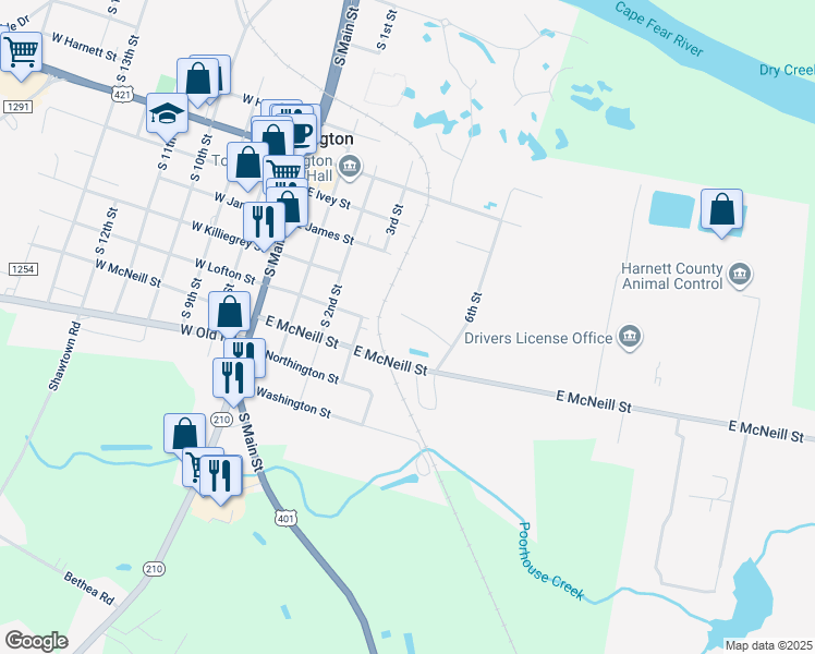 map of restaurants, bars, coffee shops, grocery stores, and more near 118 Laura Lane in Lillington