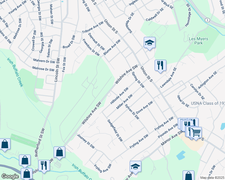 map of restaurants, bars, coffee shops, grocery stores, and more near 107 Wilshire Avenue Southwest in Concord