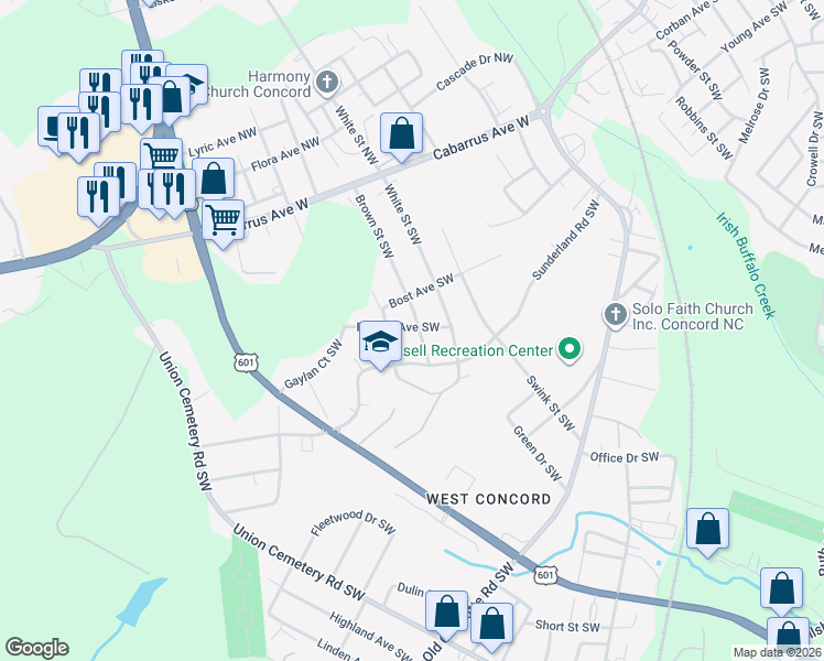 map of restaurants, bars, coffee shops, grocery stores, and more near 115 Brown Street Southwest in Concord