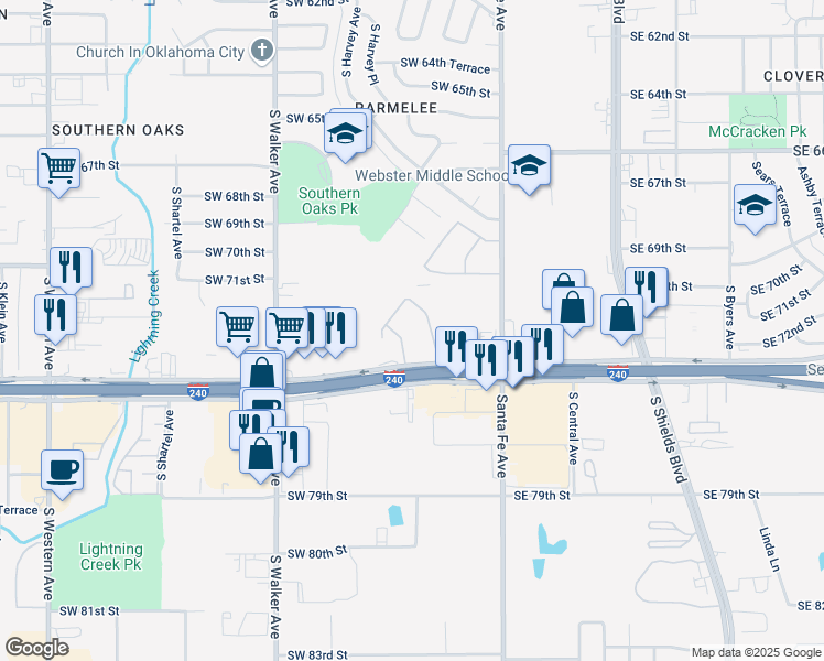 map of restaurants, bars, coffee shops, grocery stores, and more near 141 West Interstate 240 Service Road in Oklahoma City