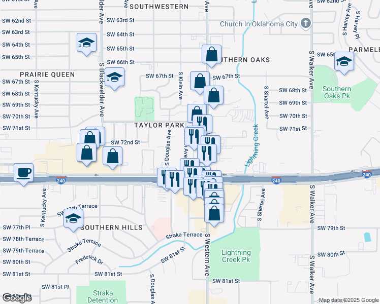 map of restaurants, bars, coffee shops, grocery stores, and more near 7208 South Klein Avenue in Oklahoma City