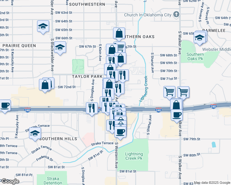 map of restaurants, bars, coffee shops, grocery stores, and more near 7160 South Western Avenue in Oklahoma City