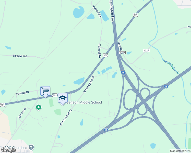 map of restaurants, bars, coffee shops, grocery stores, and more near 2203 North Wall Street in Benson