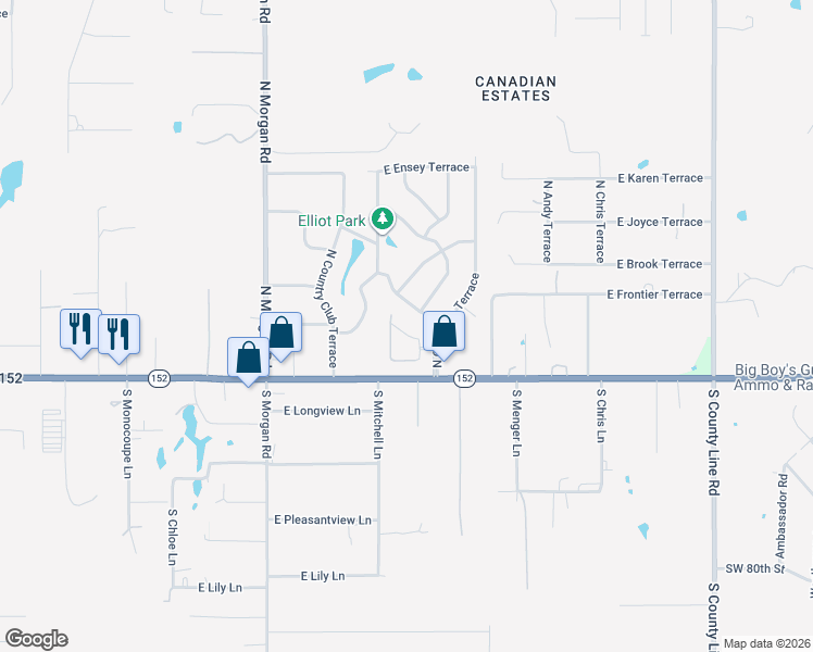 map of restaurants, bars, coffee shops, grocery stores, and more near 1921 East Cottonwood Terrace in Mustang