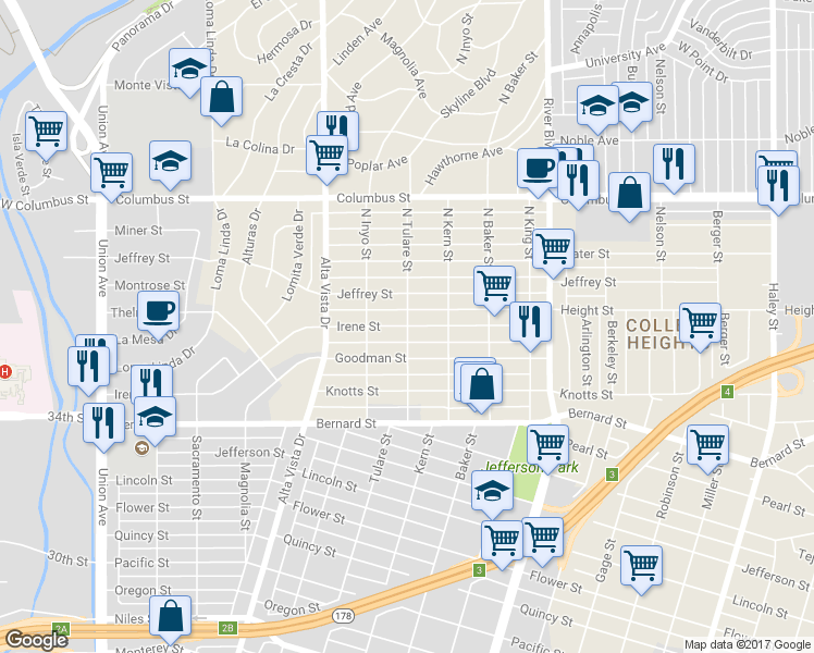 map of restaurants, bars, coffee shops, grocery stores, and more near Irene St & N Tulare St in Bakersfield