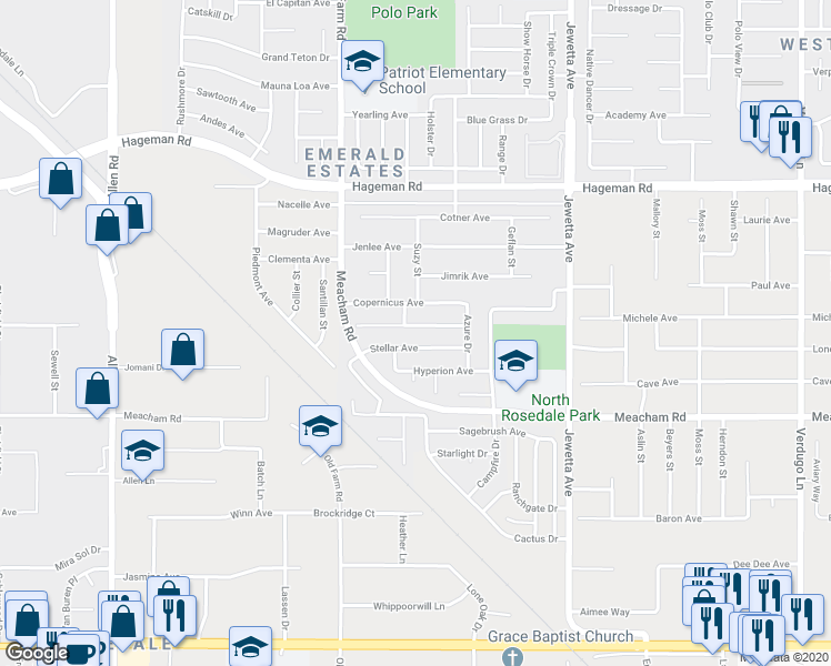map of restaurants, bars, coffee shops, grocery stores, and more near 11809 Stratosphere Avenue in Bakersfield