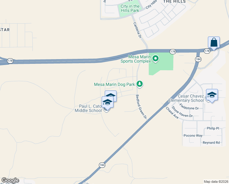 map of restaurants, bars, coffee shops, grocery stores, and more near Turning Leaf Lane in Bakersfield