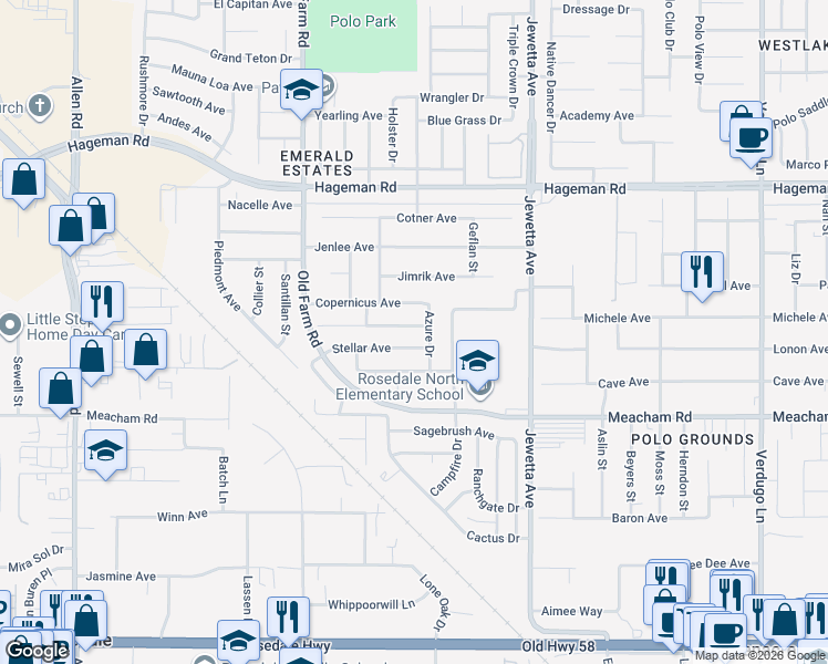 map of restaurants, bars, coffee shops, grocery stores, and more near 11721 Copernicus Avenue in Bakersfield