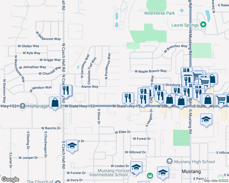 map of restaurants, bars, coffee shops, grocery stores, and more near 553 Alamo Way in Mustang