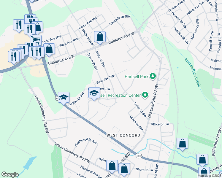 map of restaurants, bars, coffee shops, grocery stores, and more near 613 Palmer Avenue Southwest in Concord