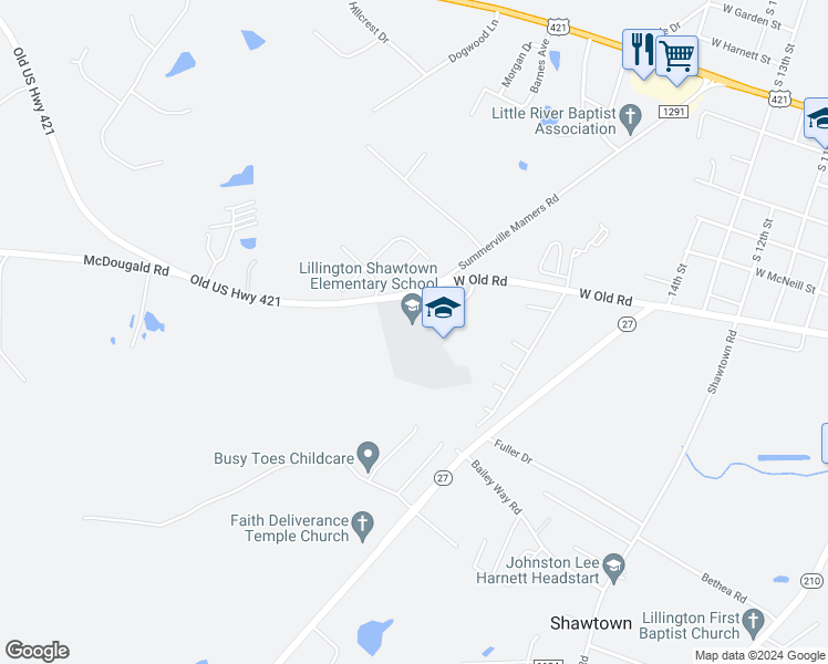 map of restaurants, bars, coffee shops, grocery stores, and more near 855 Old US Highway 421 in Lillington