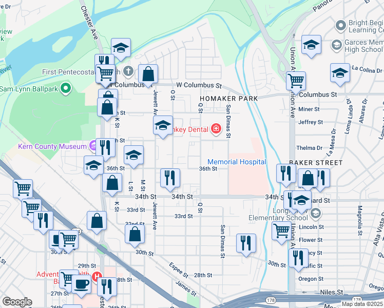 map of restaurants, bars, coffee shops, grocery stores, and more near 3701 Q Street in Bakersfield