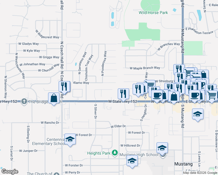map of restaurants, bars, coffee shops, grocery stores, and more near 553 Alamo Way in Mustang