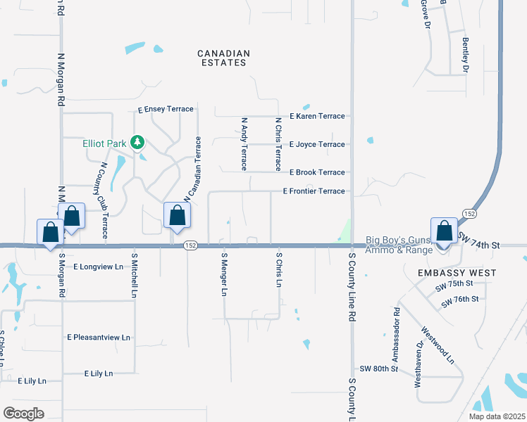 map of restaurants, bars, coffee shops, grocery stores, and more near 2232 East Frontier Terrace in Mustang