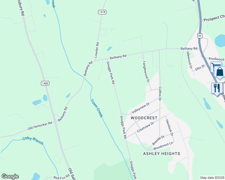 map of restaurants, bars, coffee shops, grocery stores, and more near 2301 Snuggs Park Road in Albemarle