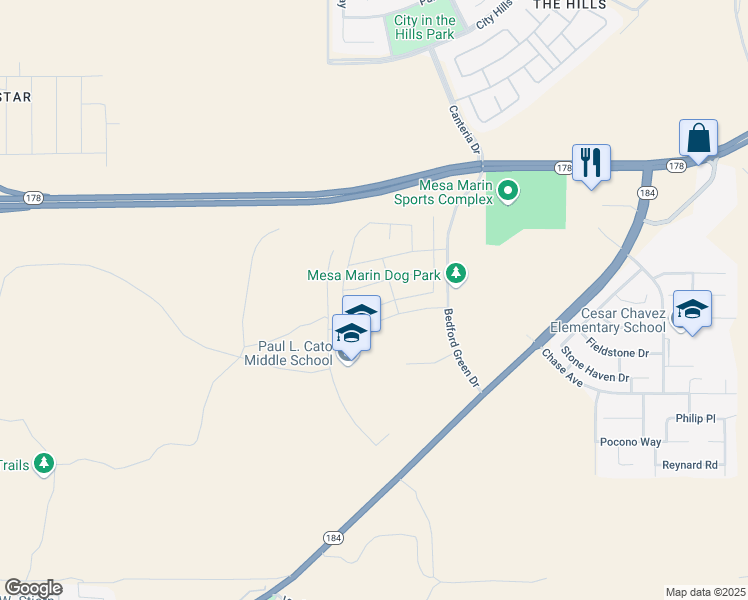 map of restaurants, bars, coffee shops, grocery stores, and more near Turning Leaf Lane in Bakersfield