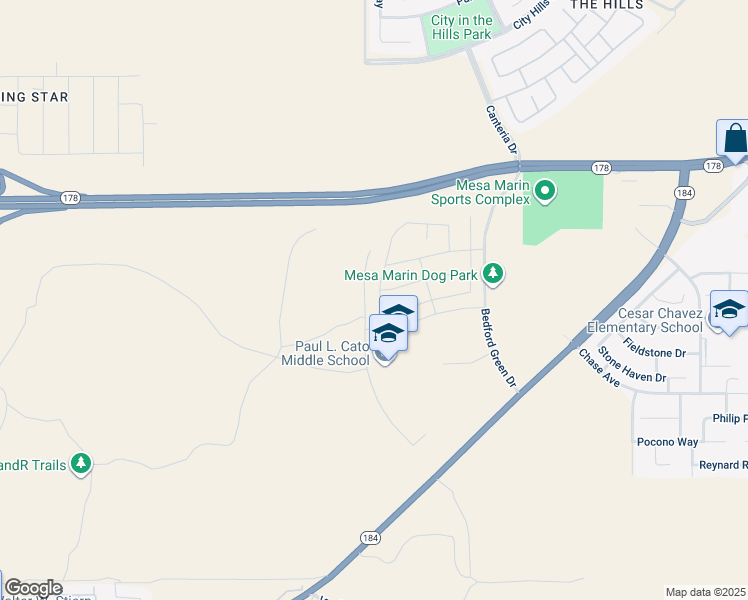 map of restaurants, bars, coffee shops, grocery stores, and more near 9801 Highland Knolls Drive in Bakersfield