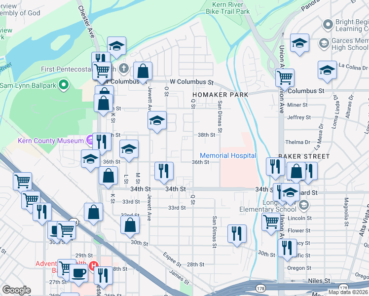 map of restaurants, bars, coffee shops, grocery stores, and more near 3901 Q Street in Bakersfield