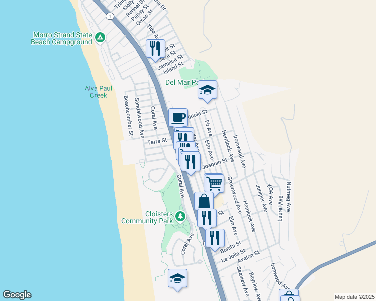 map of restaurants, bars, coffee shops, grocery stores, and more near 2900 Alder Avenue in Morro Bay