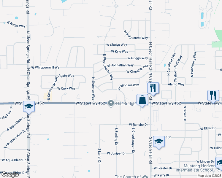 map of restaurants, bars, coffee shops, grocery stores, and more near 306 North Westchester Way in Mustang