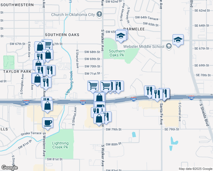 map of restaurants, bars, coffee shops, grocery stores, and more near 7376 South Walker Avenue in Oklahoma City