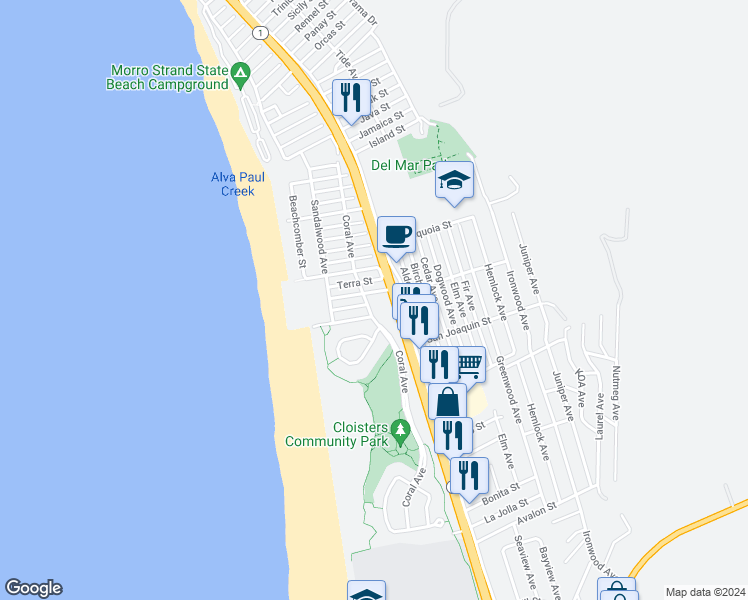 map of restaurants, bars, coffee shops, grocery stores, and more near 290 Terra Street in Morro Bay