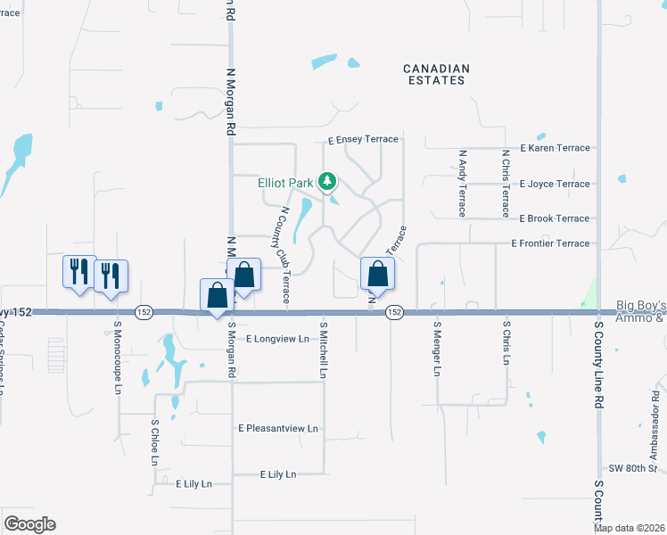 map of restaurants, bars, coffee shops, grocery stores, and more near 1737 East Cottonwood Terrace in Mustang