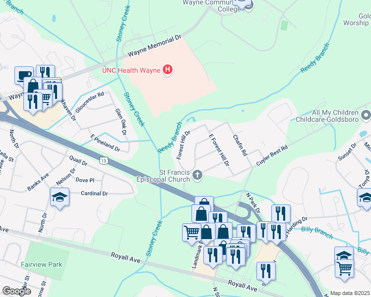 map of restaurants, bars, coffee shops, grocery stores, and more near 516 Forest Hill Drive in Goldsboro