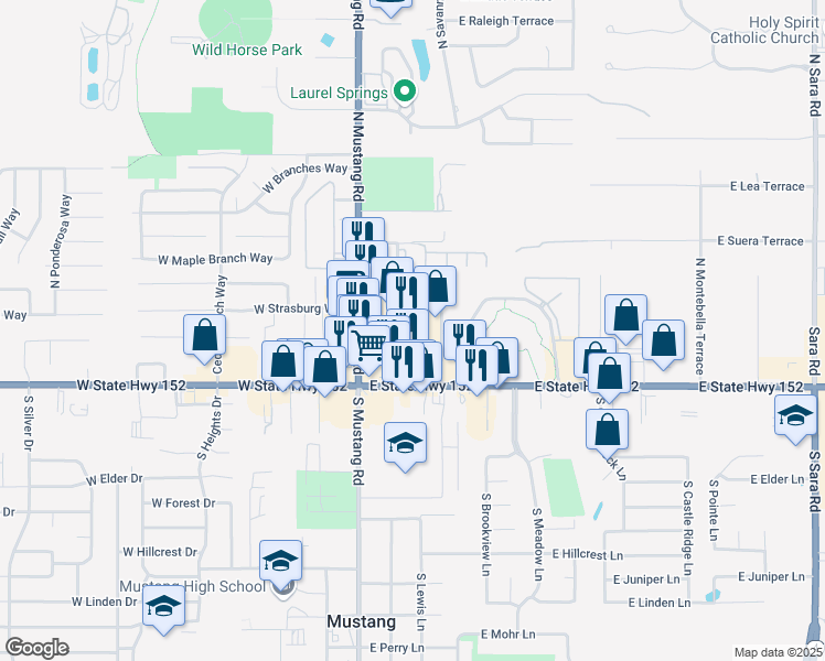 map of restaurants, bars, coffee shops, grocery stores, and more near 118 East Trade Center Terrace in Mustang
