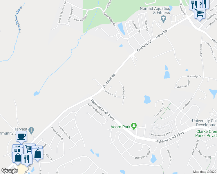 map of restaurants, bars, coffee shops, grocery stores, and more near 14117 Rouda Lane in Charlotte