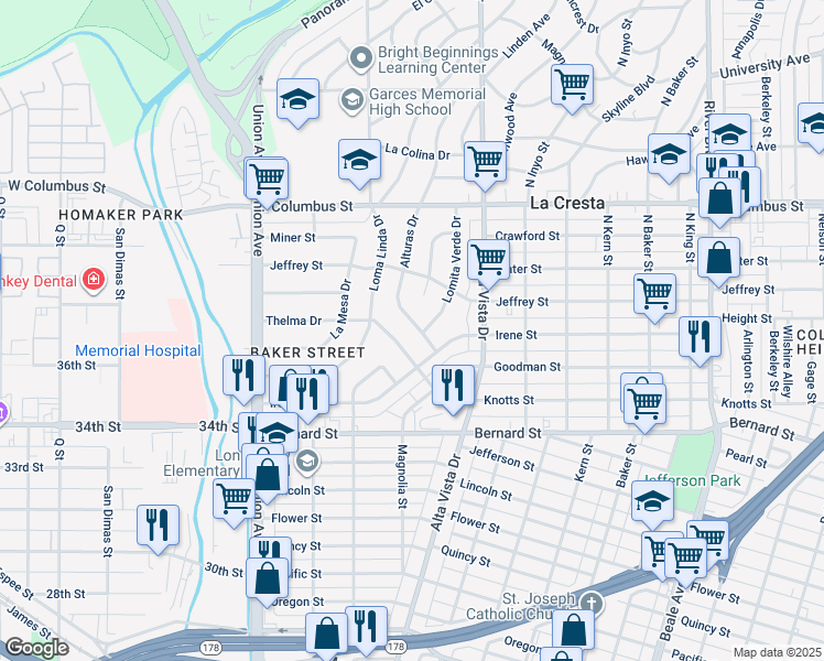 map of restaurants, bars, coffee shops, grocery stores, and more near 2309 Alturas Drive in Bakersfield