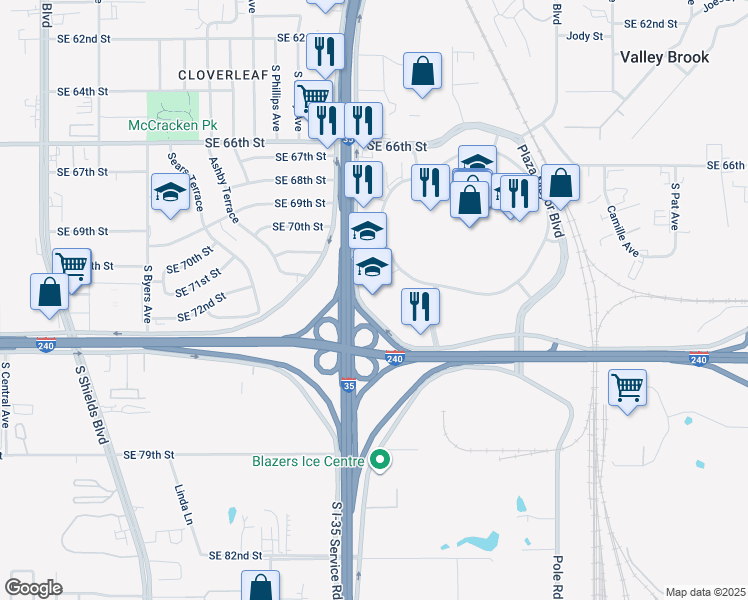 map of restaurants, bars, coffee shops, grocery stores, and more near 7202 South I- 35 Service Road in Oklahoma City