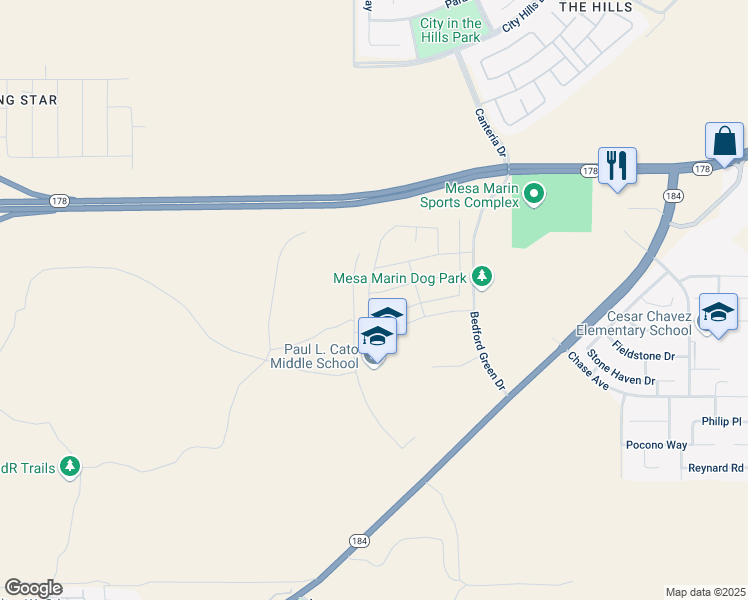 map of restaurants, bars, coffee shops, grocery stores, and more near 9801 Highland Knolls Drive in Bakersfield