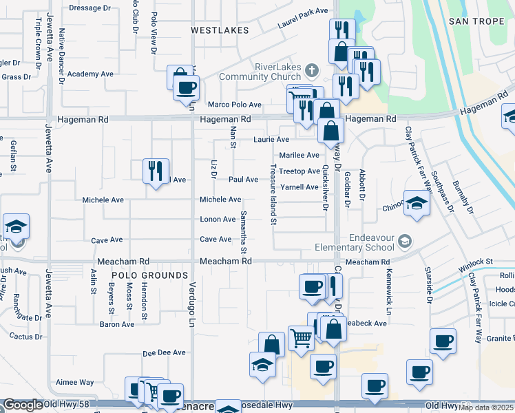 map of restaurants, bars, coffee shops, grocery stores, and more near 10100 Michele Avenue in Bakersfield