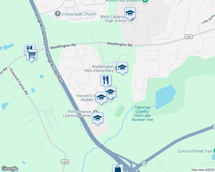 map of restaurants, bars, coffee shops, grocery stores, and more near 1351 Yorkshire Place Northwest in Concord