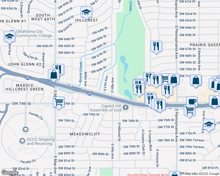 map of restaurants, bars, coffee shops, grocery stores, and more near 7104 South Villa Avenue in Oklahoma City