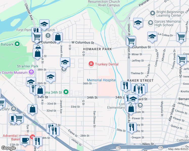 map of restaurants, bars, coffee shops, grocery stores, and more near 3733 San Dimas Street in Bakersfield